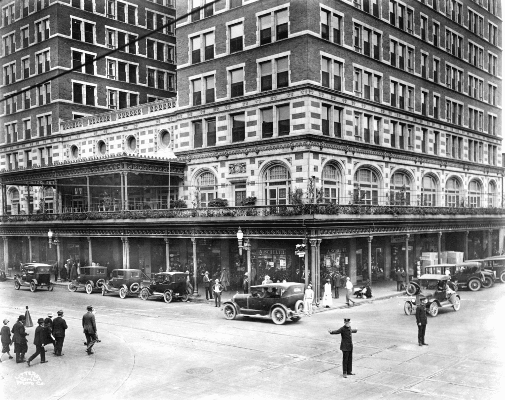 The grand E-shaped Rice Hotel in its heyday during the mid-20th century.