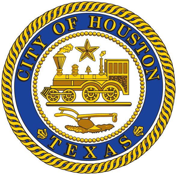 The Great Seal of the City of Houston, which features a locomotive.