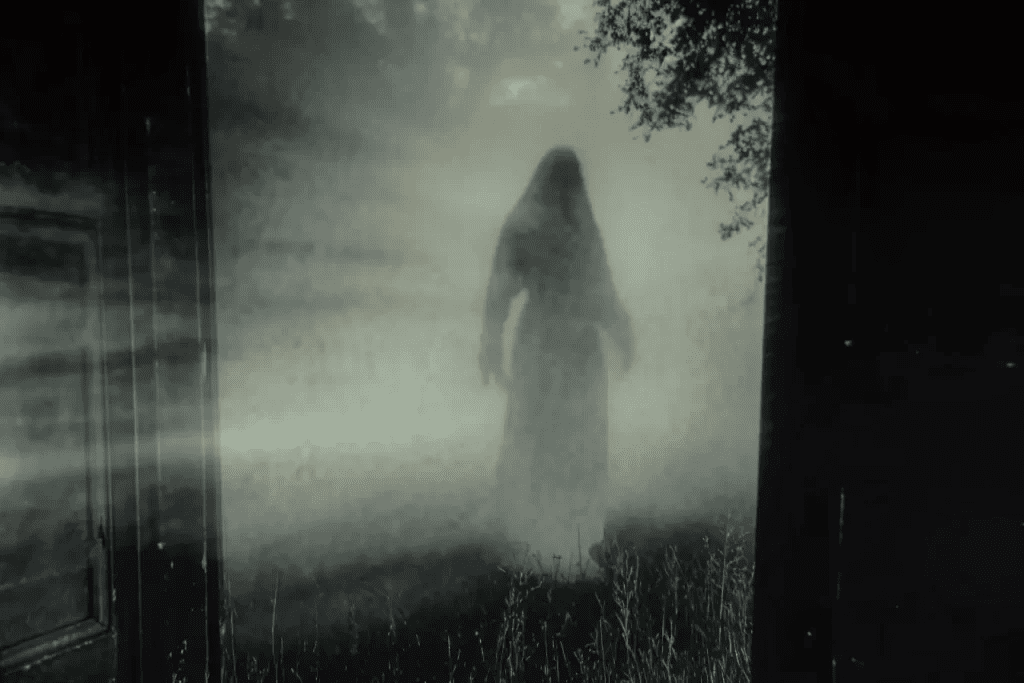 A spooky, old bridge in a wooded area at night.